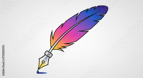 Vibrant gradient feather quill pen poised to write with a single ink drop falling, symbolizing creativity, inspiration, and the art of storytelling.
