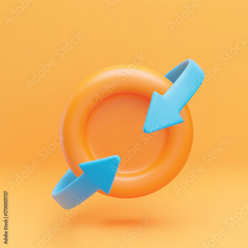 Cashback coin 3d. Realistic gold coin with blue arrows around. Cashback, refund and return concept. Sign of refund and digital payment with money back. Vector illustration on yellow background