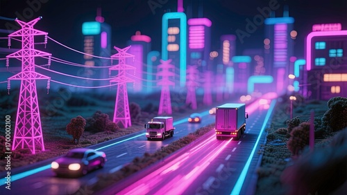 futuristic display of modern city roads with light trails at night glowing buildings in background ai generated