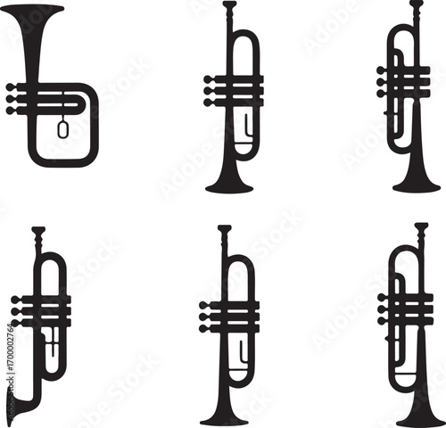 Detailed Line Art of Six Trumpets on Transparent Background Musical Instrument Illustration