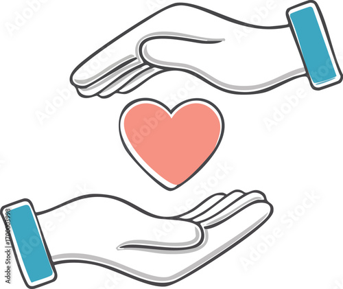 Two hands gently protecting a red heart. A hand-drawn style vector illustration symbolizing love, care, charity, health, and relationships. Generative AI