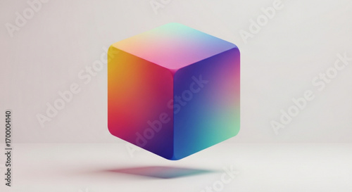 Vibrant gradient cube floats serenely in studio, casting a soft, abstract shadow, perfect for modern design and digital concepts.