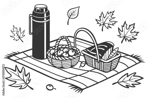 Autumn Picnic Scene with Thermos and Baskets.