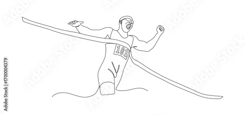 One line drawing of a runner crossing the finish line with arms raised in victory. The athlete wears a numbered bib and appears to be celebrating success, symbolizing determination, competition