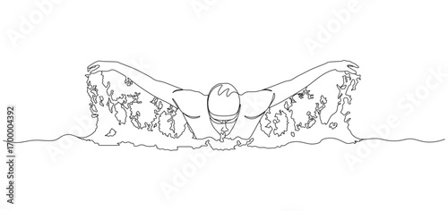 Minimalist one line drawing of a swimmer performing the butterfly stroke. The athlete is wearing a swim cap and goggles, with arms extended wide and water splashing around, symbolizing strength, focus