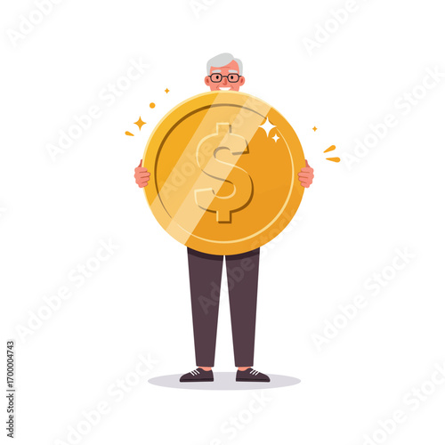 Accumulated Wealth: A Person with a Large Coin Representing Lifetime Savings