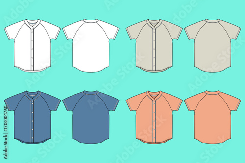 Unisex Sportswear Baseball Shirt Jersey colourway sets fashion flat sketch CAD mockup.