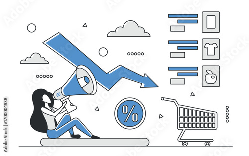 Woman with megaphone announces discount sales, blue downward arrow, shopping cart, percentage sign, and product icons highlight online retail deals vector illustration