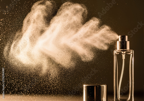 Perfume spray from a luxury bottle with long-lasting fragrance, showcasing an aromatic niche scent. Fine mist of perfume provides long-lasting effect with vanilla scent and oud, making it unisex.