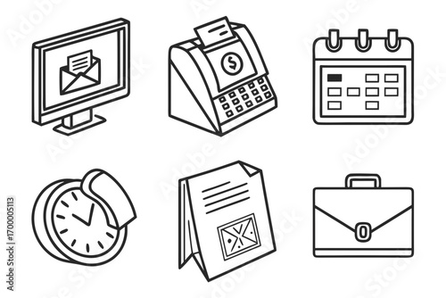 Business Icons Collection Email Cash Register Calendar Clock Document Briefcase.