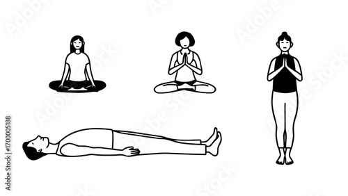Serene individuals practicing yoga poses for mindfulness and relaxation