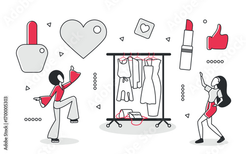 Women enjoying fashion and beauty with dresses, lipstick, nail polish, and accessories in a playful red monochrome style, isolated on white background vector illustration