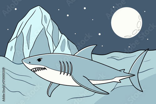 Cartoon Shark Swimming Under Icebergs and Moon.
