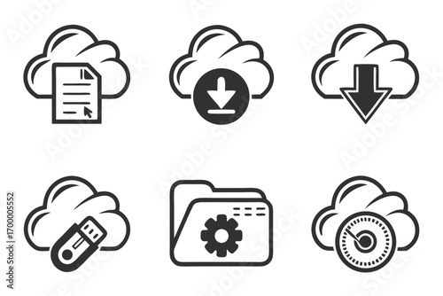 Cloud Computing Icons Set for Digital Data Storage.