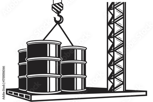 Crane Lifting Industrial Barrels on Platform.