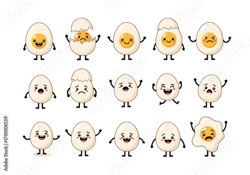 Collection of funny cartoon eggs expressing various emotions and actions