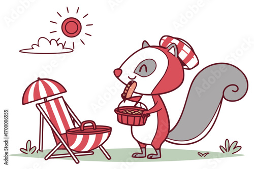 Cute cartoon squirrel enjoying a summer barbecue picnic.