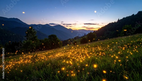 Firefly meadow at twilight in the mountains