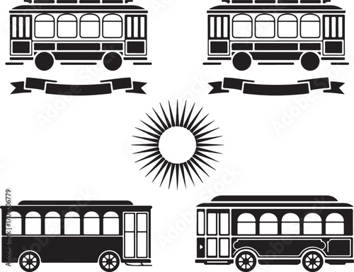 Vintage Trolley Car Collection Classic Streetcar Silhouettes with Decorative Elements on Clear Backdrop
