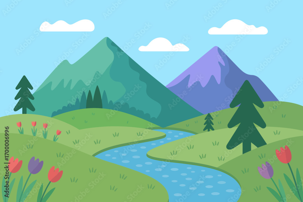 Obraz premium Cartoon Mountain Landscape with River Tulips and Pine Trees Beautiful Outdoor Scenery for Childrens Illustration and Nature Themed Design