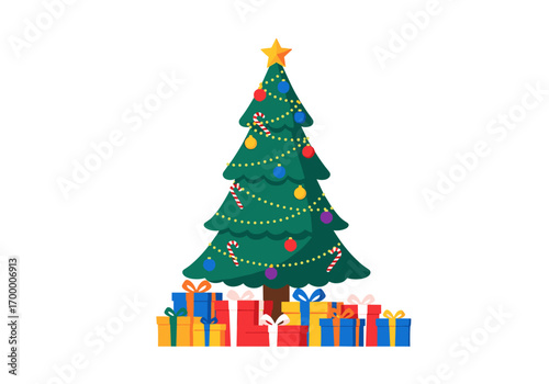 Festive decorated christmas tree surrounded by beautifully wrapped presents ready for holiday celebrations