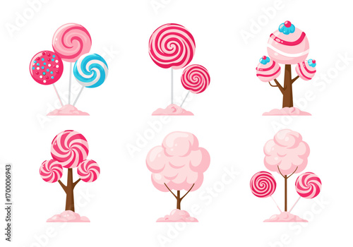 Whimsical candy land tree illustrations featuring swirl lollipops and fluffy cotton candy