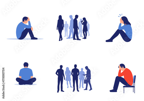 Illustrations depicting loneliness social isolation and feelings of being overwhelmed by groups of people