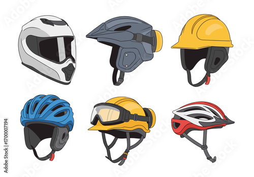 Collection of six diverse helmets for various sports and activities featuring protection and safety gear