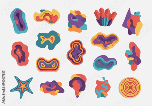 Abstract organic shapes and geode inspired digital art elements with colorful layered textures