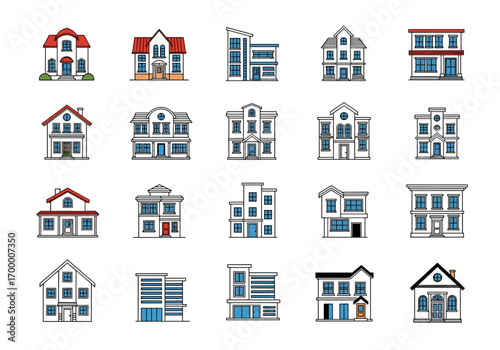 Collection of diverse architectural styles represented as pixel art buildings