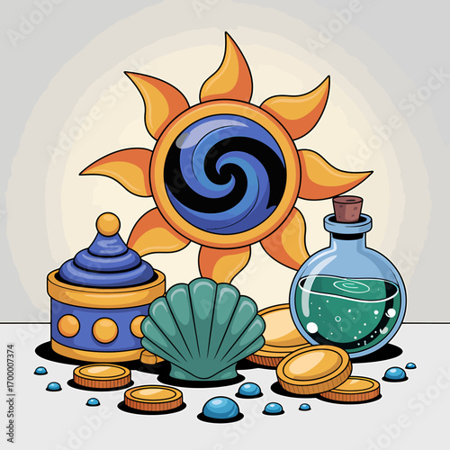 Fantasy Still Life Illustration with Sun Potion Coins and Shell A Treasure Trove of Magic and Mystery