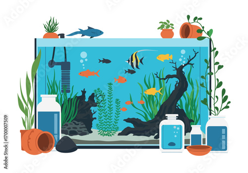 Vibrant freshwater aquarium ecosystem with diverse aquatic life and lush greenery