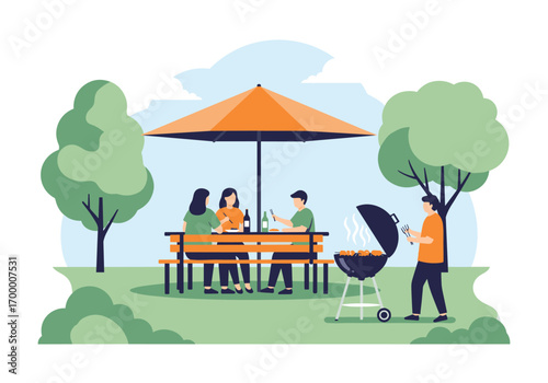 A family enjoys a summer barbecue gathering outdoors under a large orange umbrella on a sunny day
