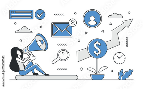 Businesswoman with megaphone, email, notifications, dollar sign, and upward arrow representing information exchange, communication, and financial growth isolated vector illustration