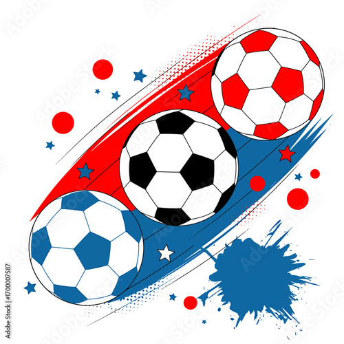 Dynamic Soccer Balls Illustration with Red White and Blue Accents for Sport and Celebration Themes
