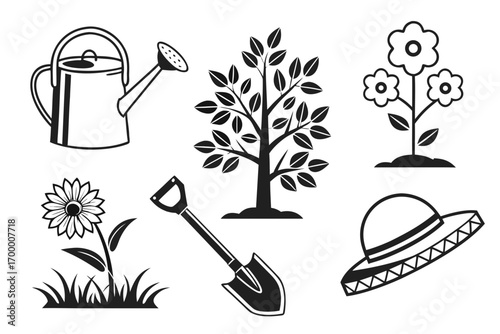 Gardening Icons Watering Can Tree Flowers Shovel Hat.