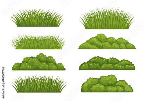 Collection of vibrant green grass and lush bushy plants illustrations for nature and gardening designs