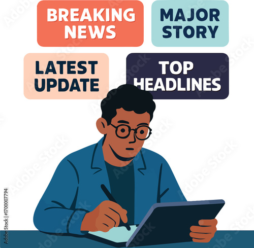 Student in journalism class using AI to auto-generate headline variations displayed on a notepad illustration