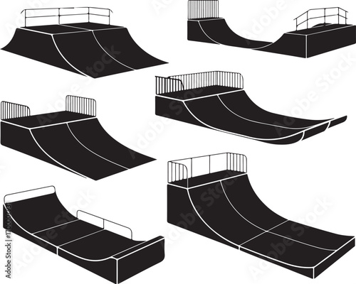 Assortment of Black and White Skate Ramp Silhouettes on Transparent Background for Recreation