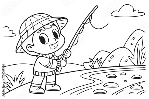 Happy Boy Fishing by the Riverbank.