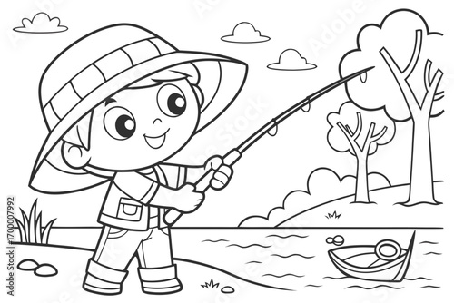 Happy Boy Fishing in a Boat.