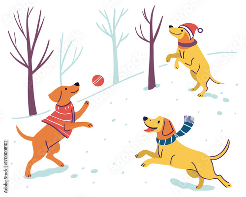 Dogs playing in snow park, vector illustration