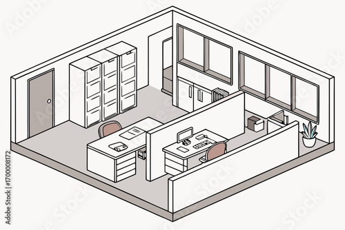 Isometric Office Cubicle and Private Office Layout.