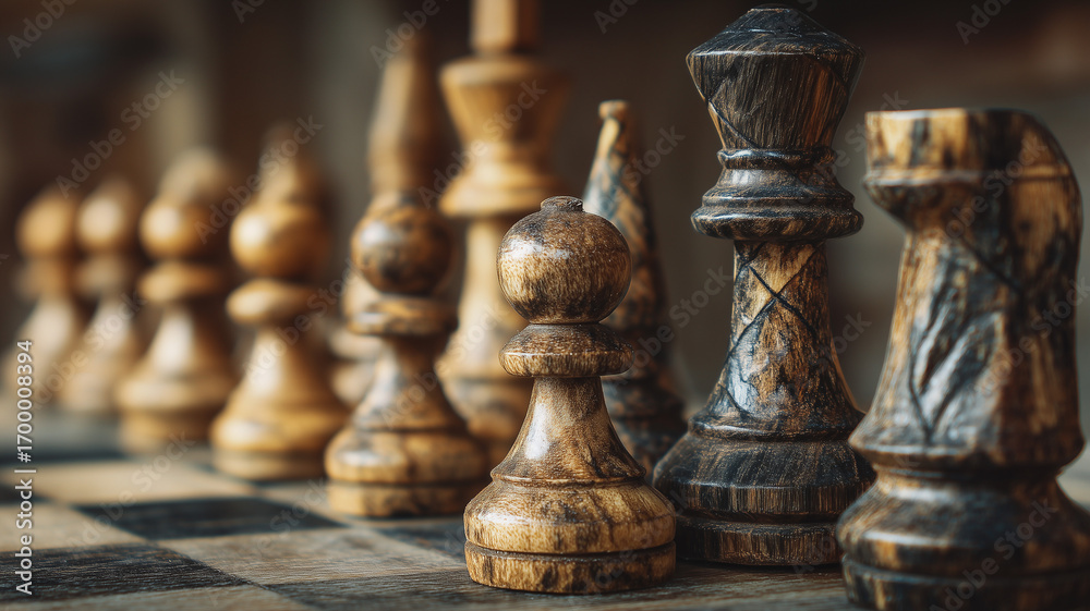 Fototapeta premium a set of chess pieces arranged on a board, showcasing their different shapes and sizes with a wooden texture. the background is blurred to focus attention on them. Ai generated