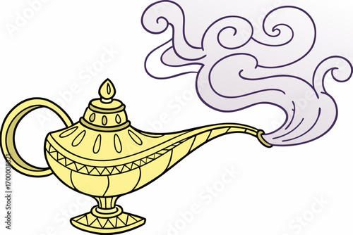 Magical Genie Lamp Releasing Swirling Smoke.