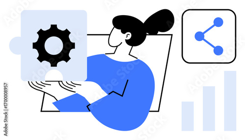 Woman holding gear puzzle piece, chart bar, and share icon nearby. Ideal for teamwork, innovation, problem-solving, project management, data analysis, education simple landing page