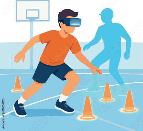 Student wearing an AR headset in PE class floating cones and virtual opponent for drills illustration