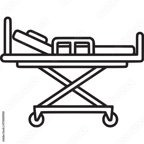 A simple line drawing of a hospital bed, isolated on white background the bed is shown from the side, with a mattress and pillow the bed is on wheels and has a metal frame