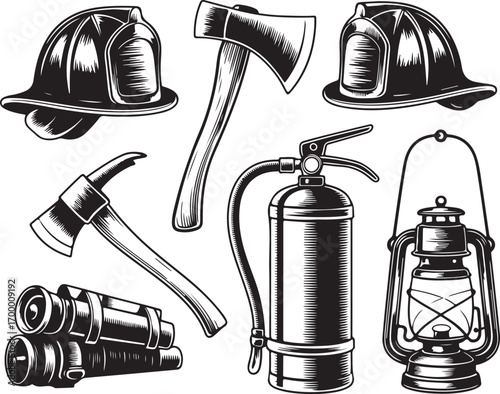 Monochrome Firefighting Equipment Collection for Safety and Emergency Response Operations