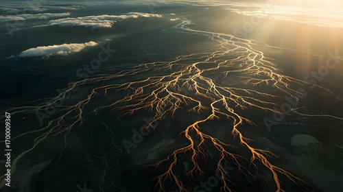 Golden Rivers Flowing Through Dark Landscape Under a Cloudy Sky